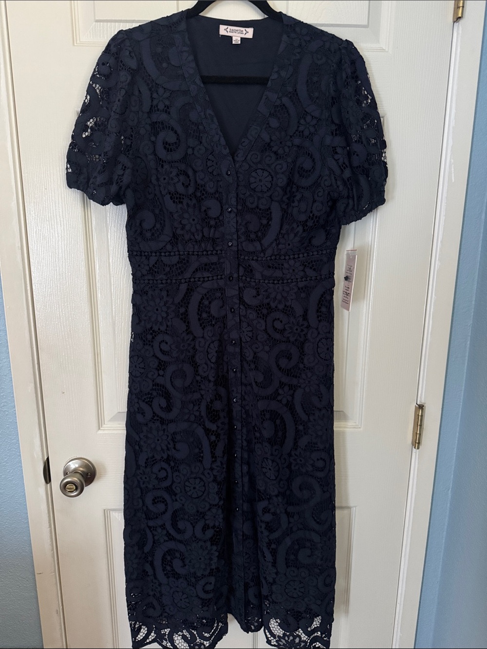 Nanette Lepore Navy Lace Button-Front Midi Dress